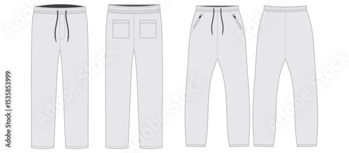 Activewear Fashion Technical Illustration - Trouser Joggers Front and Back Views, Men Women Unisex Trousers CAD Mockups - Set of Pants Joggers Trousers - Technical Flat Drawing of Jeans Pants Cargo