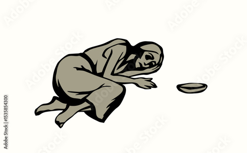 Girl suffering from hunger. Vector drawing