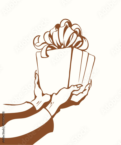 The hand gives a gift. Vector drawing