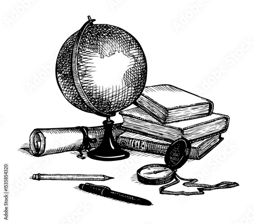Vector still life: a globe, books, map and compass