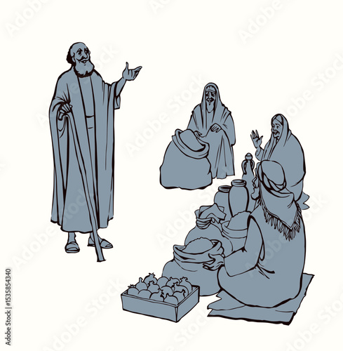 Ancient Jewish market. Vector drawing