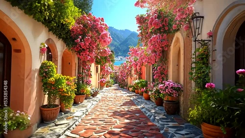 Serene floral pathway lined with vibrant bougainvillea leading to a scenic mountain view