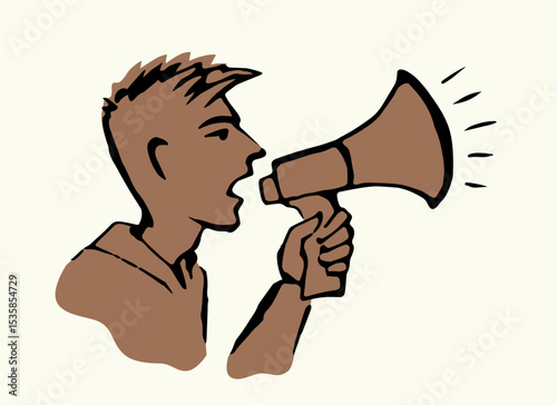 The man shouts into the loudspeaker. Vector drawing