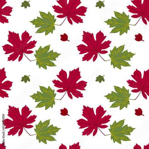 Seamless pattern of autumn leaves from different trees, ash, birch, oak, maple, chestnut. Flat vector style