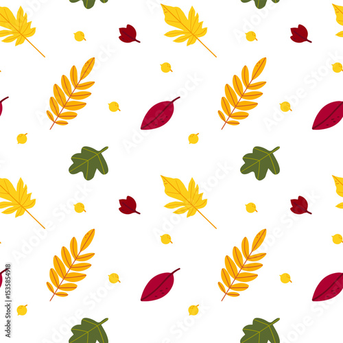 Seamless pattern of autumn leaves from different trees, ash, birch, oak, maple, chestnut. Flat vector style