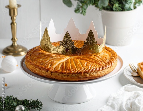 Galette des rois à la frangipane avec couronne dorée. Generated Image. 