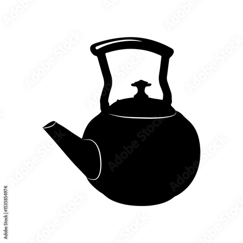 Silhouette illustration of a vintage style kettle with a curved handle and spout design object