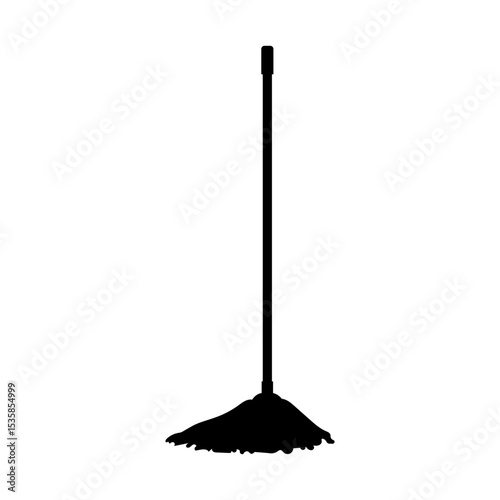 Silhouette of a mop with a long handle and a mop head resting on the floor in black and white