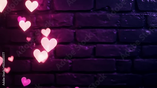 Glowing hearts float against a dark brick wall, creating a romantic, vibrant, and magical atmosphere, symbolizing love, affection, and warmth
