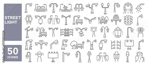 Set of 50 line icons related to street light, outdoor lighting, illumination, street lamp, road light, lamppost, Editable stroke. Vector illustration