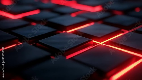 Abstract animation of dark cubes with red neon lines, creating a dynamic, technological, and futuristic atmosphere