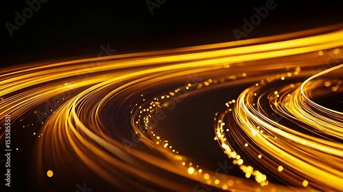Abstract gold light trails swirl, creating dynamic energy and movement against black background, symbolizing speed, power, and cosmic energy