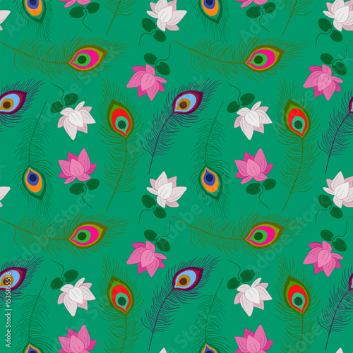 indian motif festive seamless pattern emerald background with peacock feathers and lotus flowers celebrations ornate krishna janmashtami endless backdrop