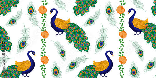 decorative krishna janmashtami background with beautiful peacocks gold and blue feathers floral elements cultural celebration and spiritual illustration