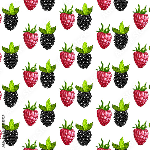Blackberries and raspberries in a pattern.Vector seamless pattern with raspberries and blackberries on a white background.