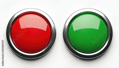 Free Download Two glossy buttons red and green. Buttons indicate choice, action or status. Round metal frame. Interface elements for user interaction. Sign, symbol of decision, gaming, tech, control. - GFXLoad