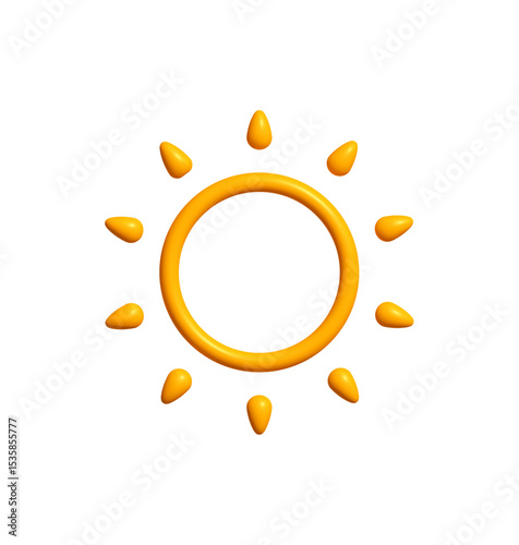 Bright Sunny 3D Sun Icon with Joyful Rays, Isolated on White. Happy Kid Logo for Vacation, Warm Climate, or Solar Energy Concepts. Childish Summer Style. Vector Illustration.