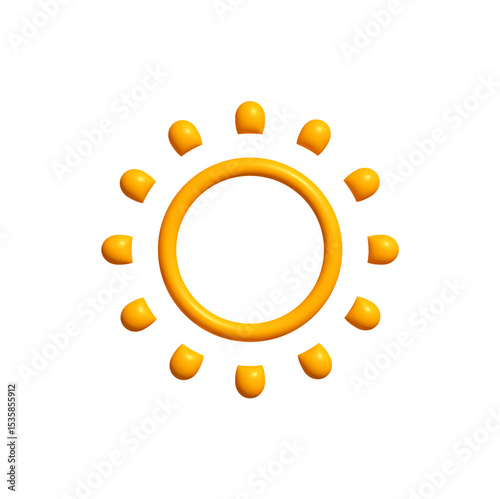 Bright Sunny 3D Sun Icon with Joyful Rays, Isolated on White. Happy Kid Logo for Vacation, Warm Climate, or Solar Energy Concepts. Childish Summer Style. Vector Illustration.