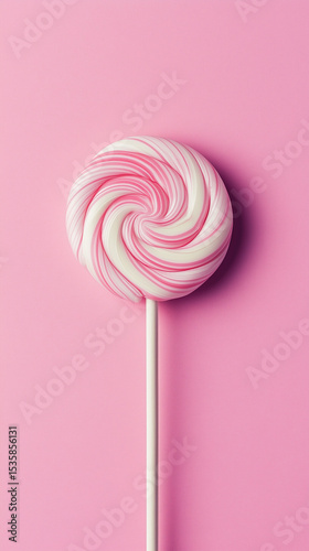Pink and white swirl lollipop on pastel pink background. Generative AI