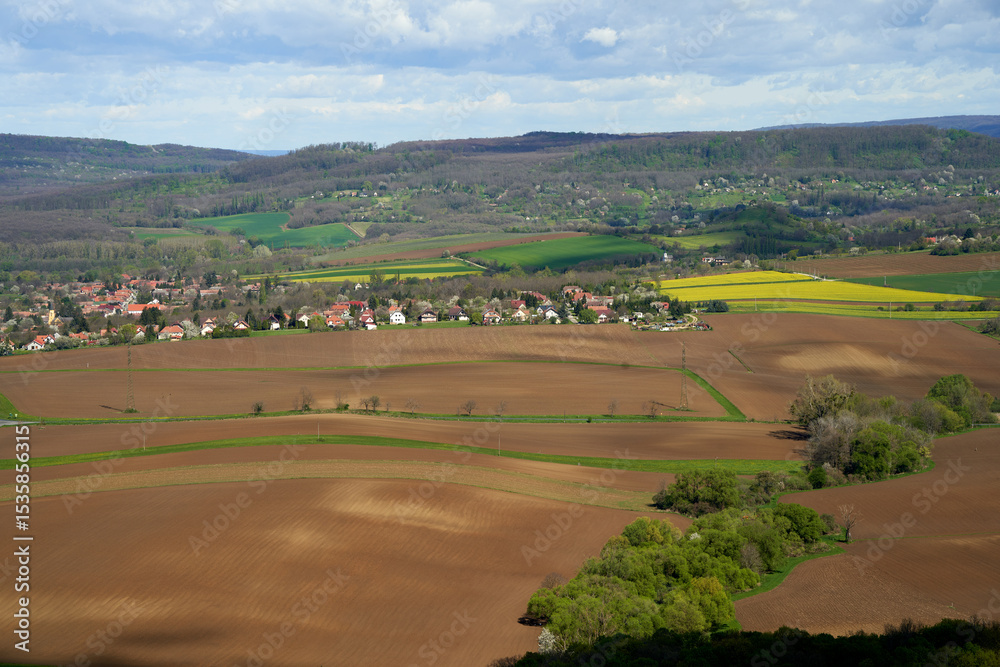 Fototapeta premium Rustic Charm of Springtime Hungary: Agricultural Fields, Village Homes, Easter Vibes, Vineyards, Forest, Rural Landscape, Rolling Hills, Blooming Flowers, Farmsteads, Family Gatherings, Pastoral
