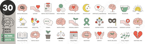 Mental health - thin line icons set, colorful fill. Therapy, wellbeing, balance, support, emotional changes, healing, anxiety, hope, meditation, awareness, relaxation, medication, vector illustration
