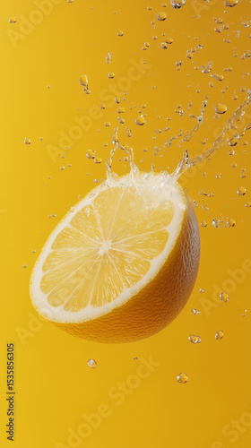 Fresh lemon slice splashing in water with yellow background. Generative AI