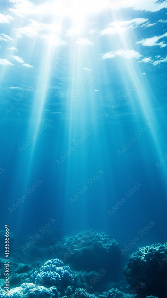 Fototapeta premium Sunlight piercing through tranquil ocean water illuminating coral reef landscape. Generative AI