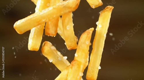 Close up of golden french fries falling with salt against a dark brown background image shot