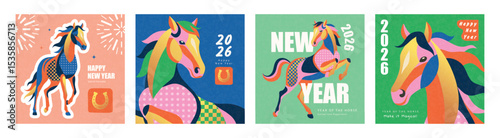 Set of vibrant New Year card designs featuring a stylized horse in bold colors and patterns, symbolizing the Year of the Horse 2026, for festive greetings and celebrations vector illustration