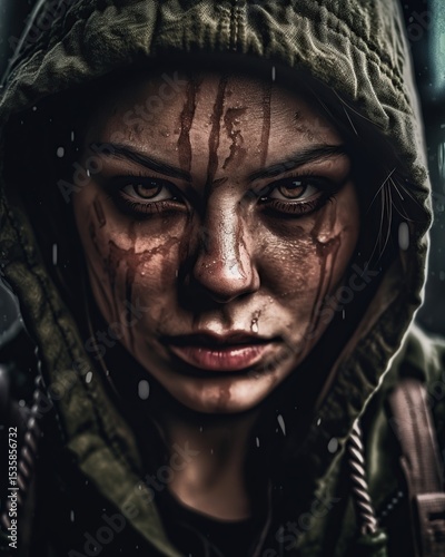 Determined Woman in Combat Gear.
