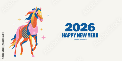 Modern New Year 2026 greeting banner featuring a stylized colorful horse with patterns and sparkling stars, symbolizing Year of the Horse, isolated on white background, vector illustration.