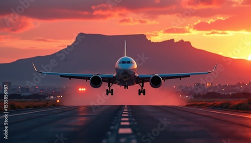 Airplane taking off runway Table Mountain sunset. Aircraft flies into sky. Airplane landing, departure. Aviation travel concept. Journey through air, flight adventure. Cape Town South Africa landmark