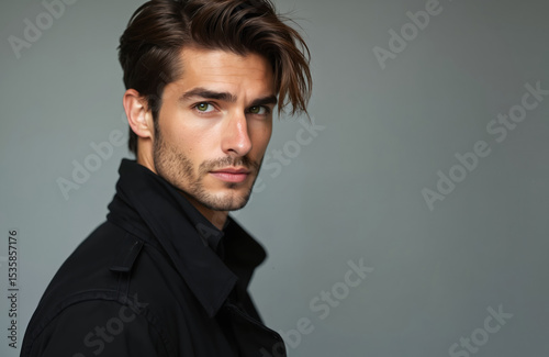 Handsome man in black jacket poses. Attractive male model with stylish haircut. Serious face, looking at camera, confident expression. Fashion concept for advertising and design.
