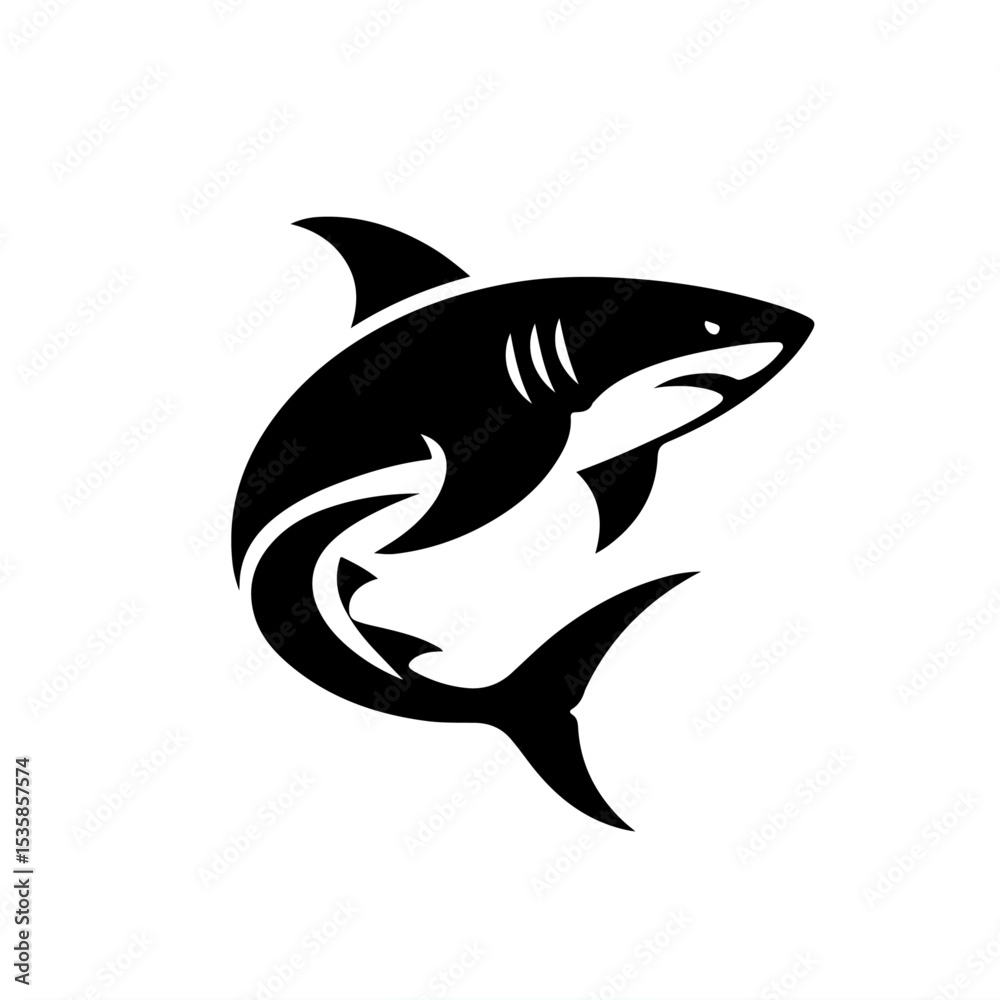 Fototapeta premium Shark Silhouette Icon – Black Vector Marine Predator with Streamlined Body and Dorsal Fin on White Background