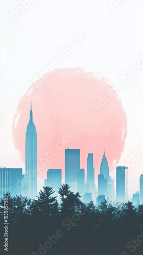 City Skyline with Stylized New York Tall Buildings, and Trees in Foreground, Set Against Pink Circular Sun Background in Sky. Generative AI