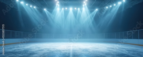 Empty hockey arena, ice rink illuminated by spotlights. Arena interior with blue ice floor texture and mist. Winter sport championship venue. Professional sport background. Scene Illumination. photo