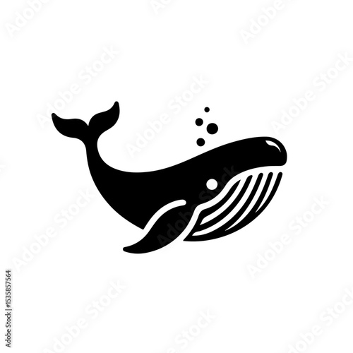 Whale Silhouette Icon – Black Vector Baleen Whale Spouting Water with Raised Fluke on White Background