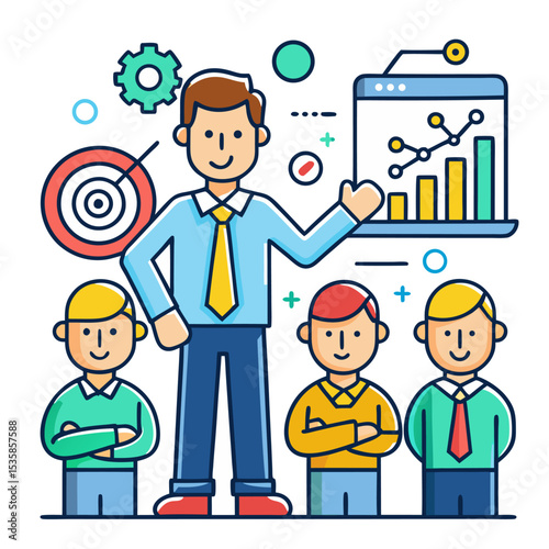 Line icon of leader showing presentation chart to group
