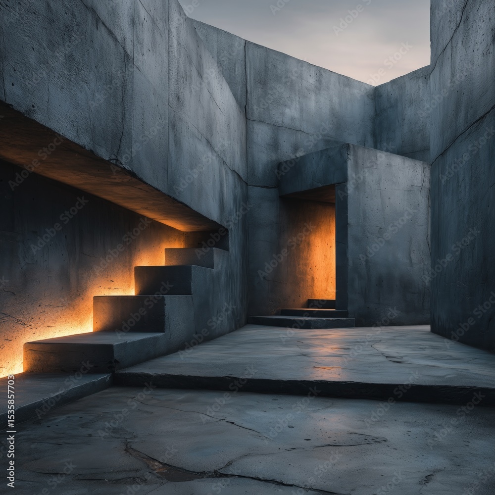Obraz premium Abstract concrete architecture with glowing stairways and shadows