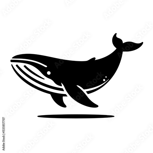 Whale Silhouette Icon – Black Vector Baleen Whale Spouting Water with Raised Fluke on White Background
