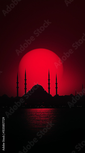 Dramatic mosque silhouette with red sun and water reflection. Artistic wallpaper. Generative AI