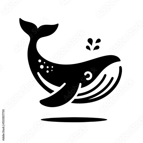 Whale Silhouette Icon – Black Vector Baleen Whale Spouting Water with Raised Fluke on White Background