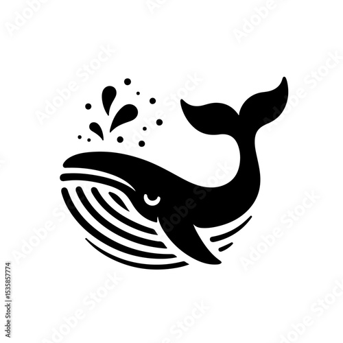 Whale Silhouette Icon – Black Vector Baleen Whale Spouting Water with Raised Fluke on White Background