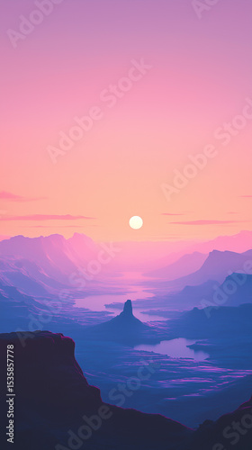 Dreamlike canyon landscape with glowing sunset and winding river. Generative AI