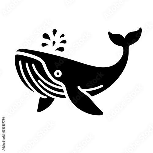 Whale Silhouette Icon – Black Vector Baleen Whale Spouting Water with Raised Fluke on White Background
