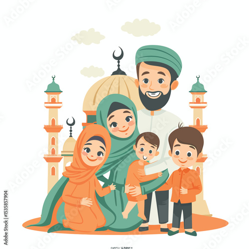 illustration Father mother and two children pose in Islamic hands