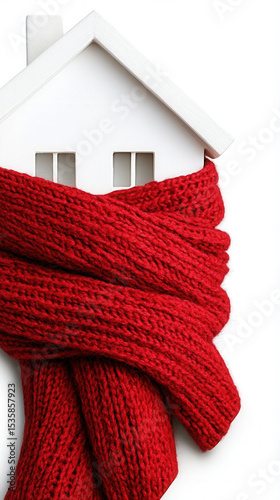 Home in a knitted red scarf on a white background, Concept of the heating system in a winterized house. keeping warm in the house