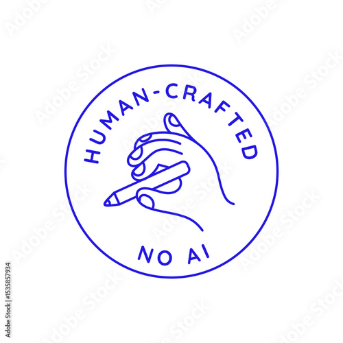 Vector linear badge illustrating human crafted concept,  minimal design for label or branding content created with human intelligence, hand holding pencil