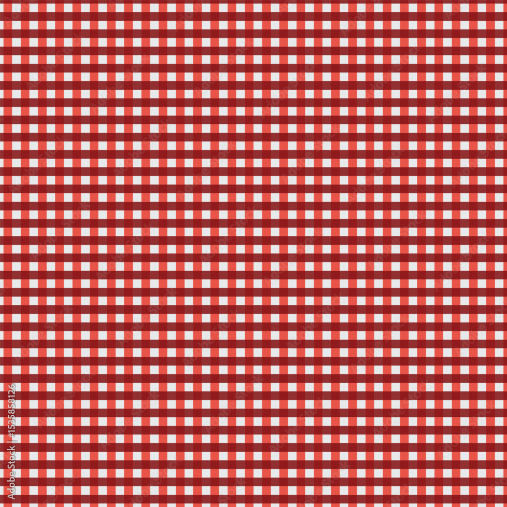 Red and white checkered gingham fabric tablecloth texture for a vintage picnic blanket design