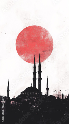 Minimalist mosque silhouette with red sun in textured background. Poster art. Generative AI